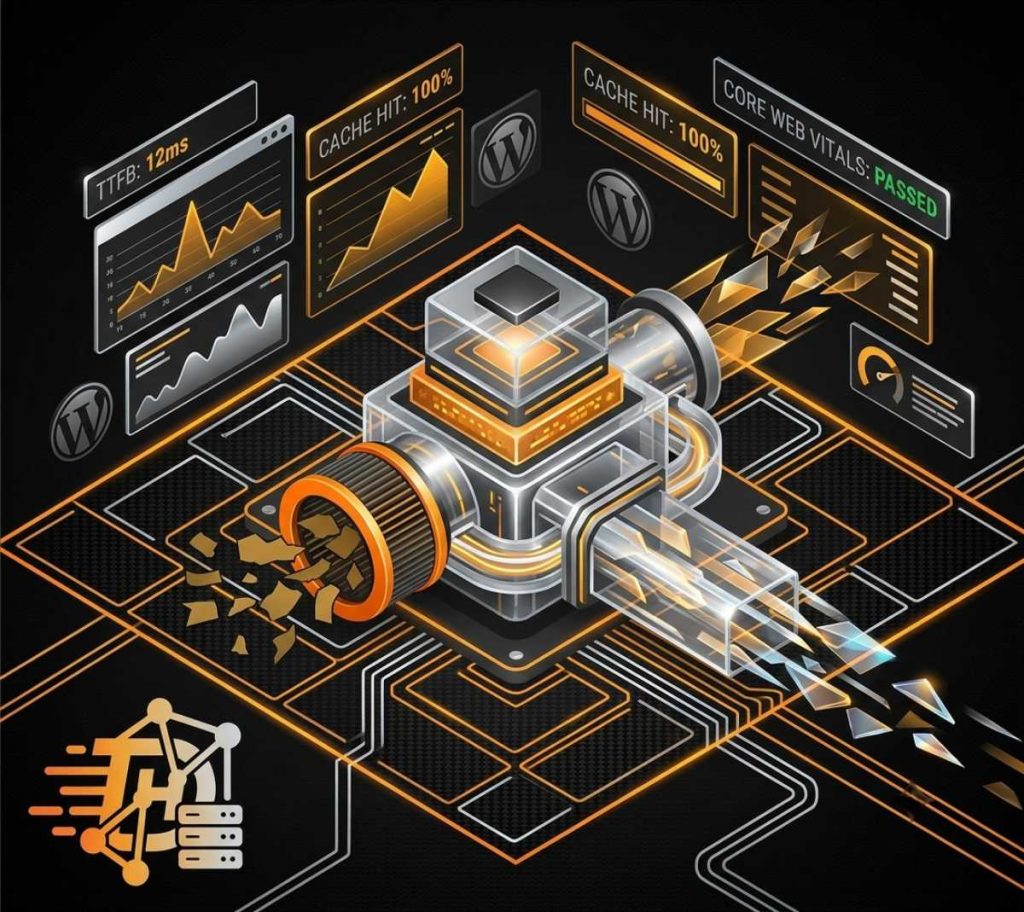 High-performance tech infographic illustration of the best caching plugins for WordPress, showcasing an isometric acceleration pipeline processing database requests into optimized static HTML files.