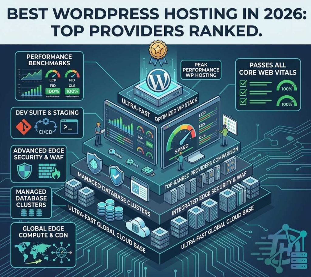 Featured image for best WordPress hosting 2026 comparison, displaying an isometric tech stack with layers for global edge CDN, managed databases, security WAF, and performance benchmarking gauges passing Core Web Vitals.