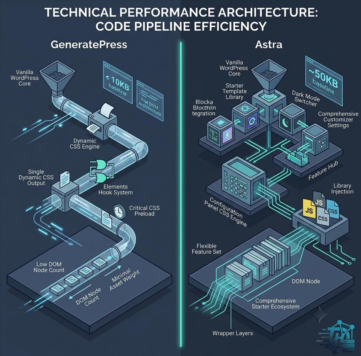 Technical comparison concept diagram showing the internal performance architecture profiles of GeneratePress and Astra themes side by side