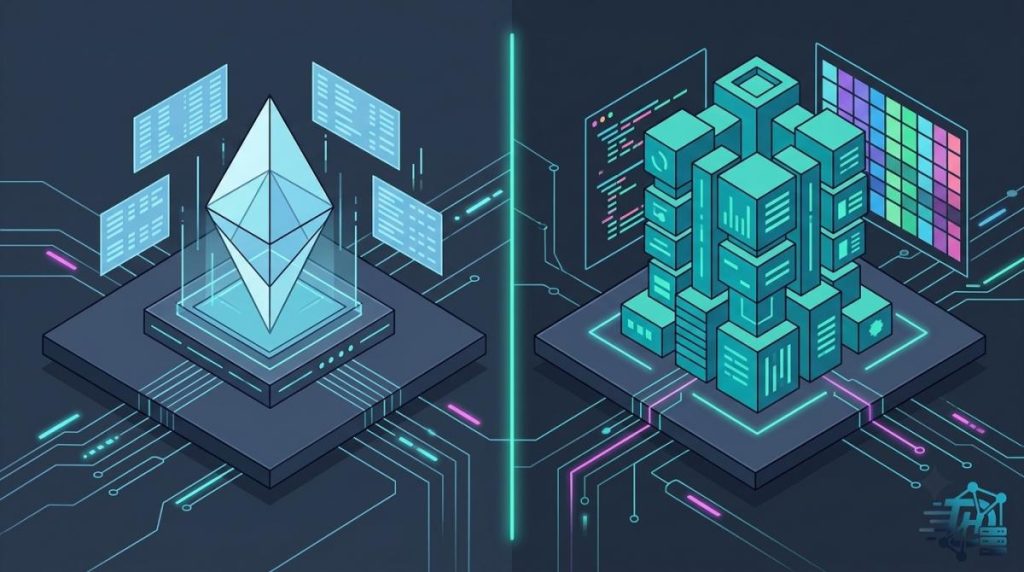 An isometric technology blueprint illustration comparing GeneratePress and Astra WordPress theme architectures, showcasing a minimal blue layout engine core on the left and a modular teal feature tower on the right.
