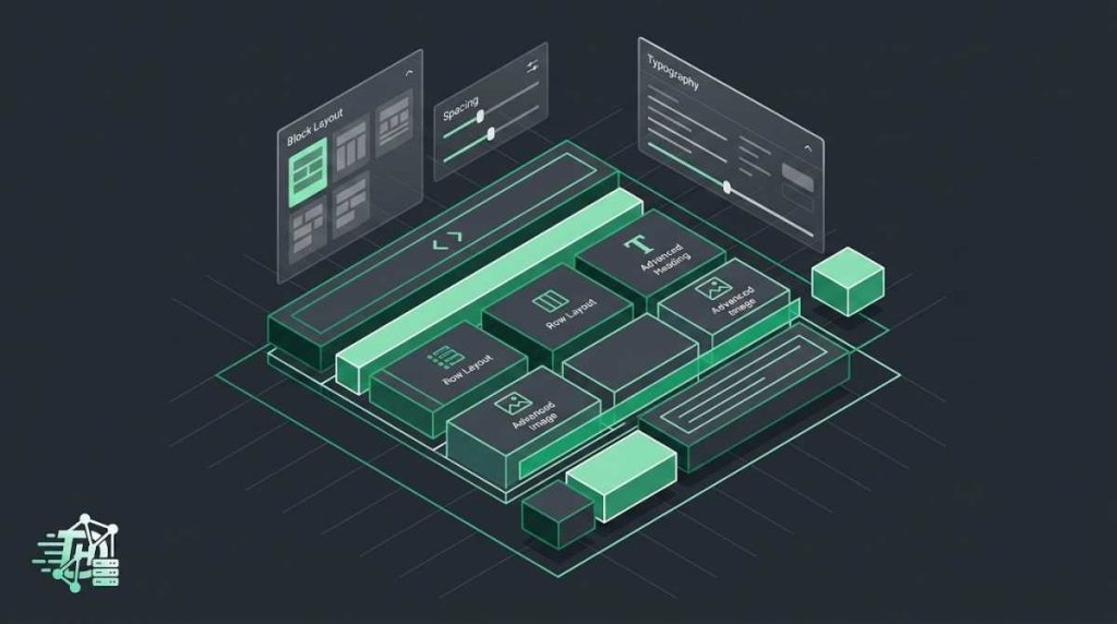 Step-by-step infographic layout illustrating a Gutenberg and Kadence Blocks setup, showing isometric 3D website wireframe blocks, grid containers, and performance configuration lines on a deep charcoal backdrop.