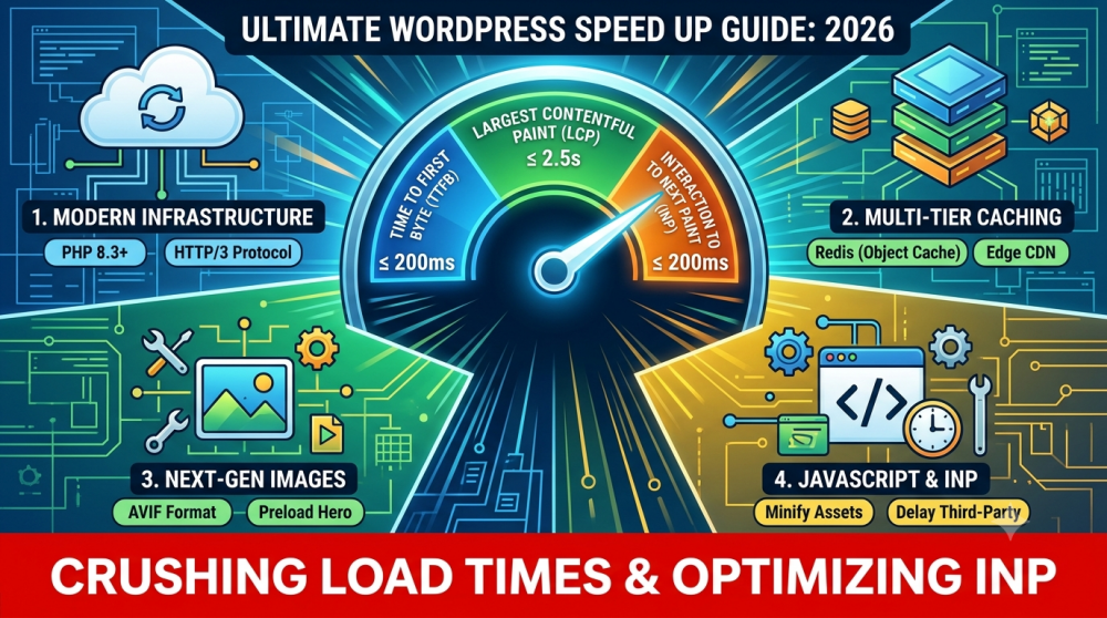 Infographic detailing how to speed up WordPress in 2026, showcasing core performance pillars like hosting, caching, next-gen images, and JavaScript INP optimization.