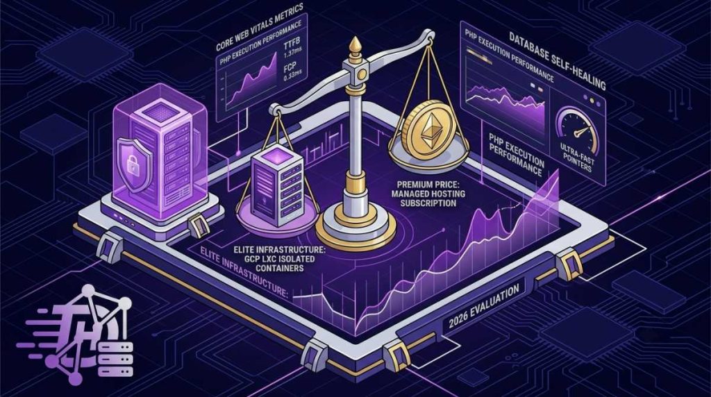 Kinsta review 2026 feature graphic showing an isometric comparison table, premium hosting server infrastructure modules, performance analytical gauges, and cost value balance scales.