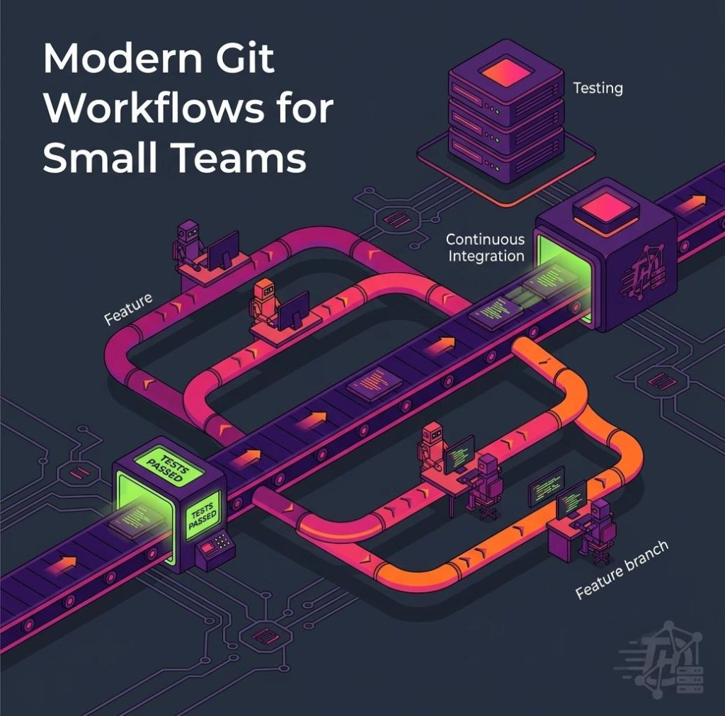 An isometric technology vector blueprint illustration showcasing modern git workflows for small teams, highlighting short-lived teal feature branches passing automated verification rings into a central neon-cyan main trunk pipeline on a dark slate background.