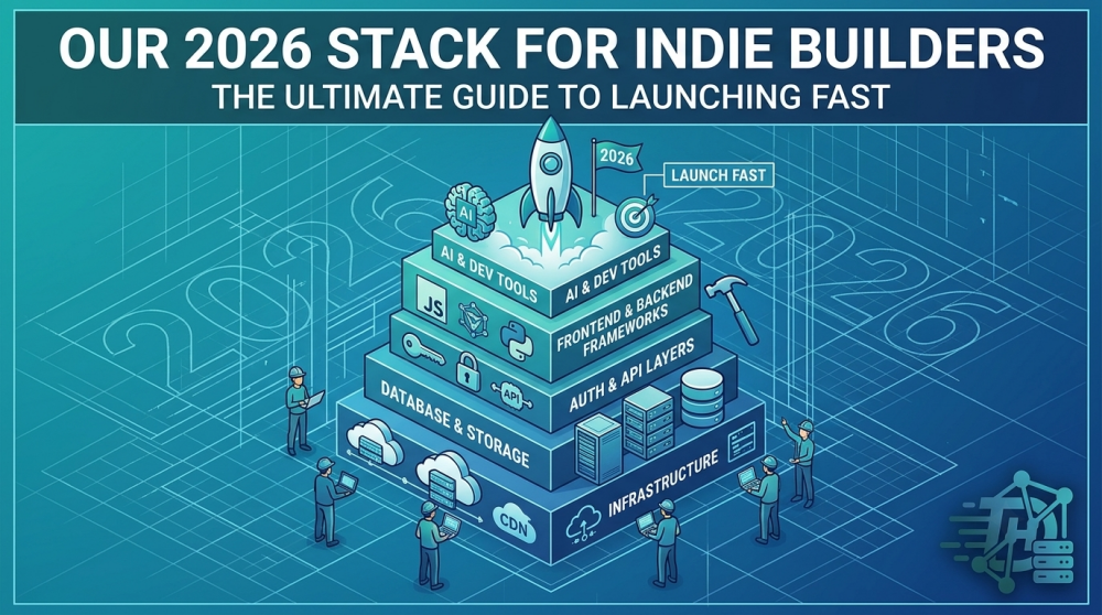 Featured image for indie builder tech stack 2026, showing an isometric blueprint with layers for infrastructure, database, authentication, frameworks, and AI tools culminating in a launch rocket.