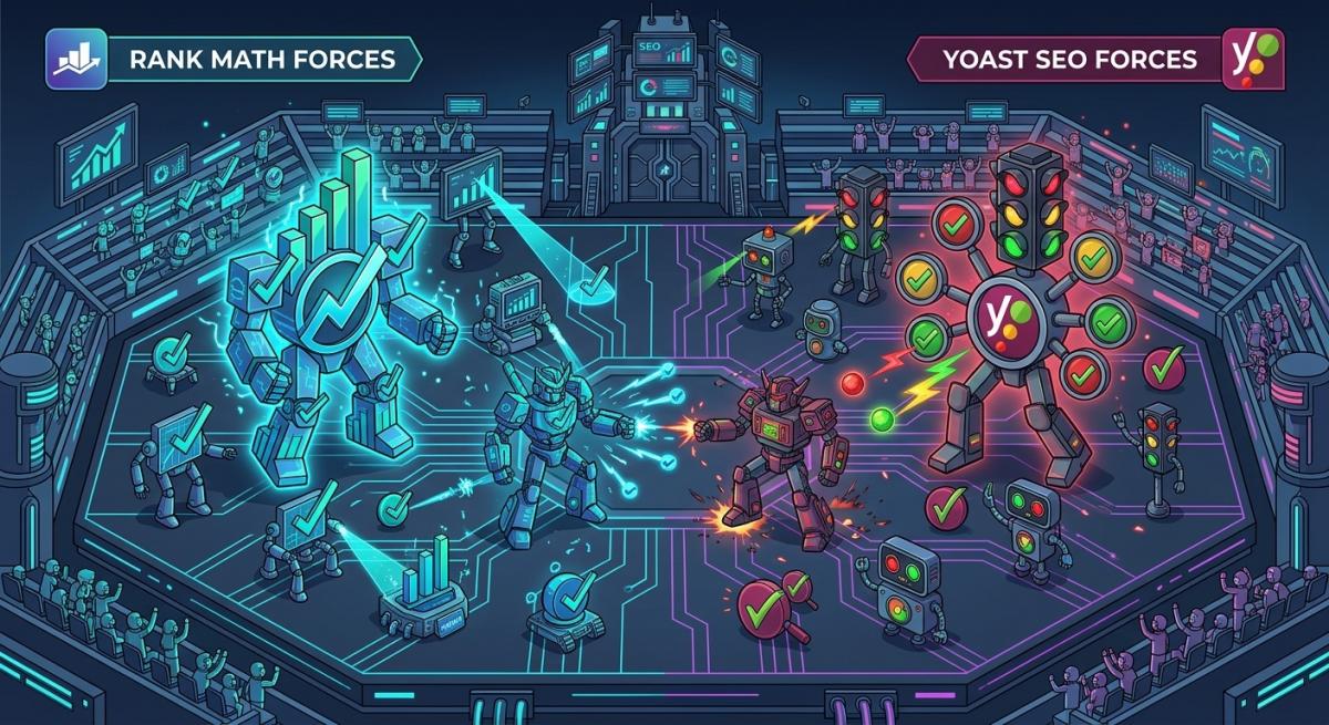 An isometric technology battle arena illustration with Rank Math forces represented by a blue glowing chart mecha robot fighting Yoast SEO forces represented by a traffic light robot on a dark platform.