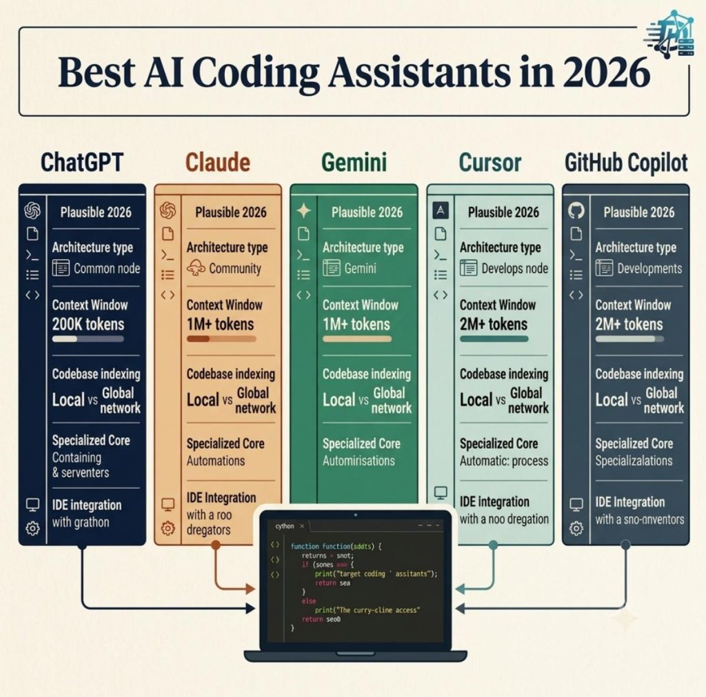 An editorial style technology infographic comparing the code generation profiles of ChatGPT, Claude, Gemini, Cursor, and GitHub Copilot side-by-side on a clean off-white technical diagram.