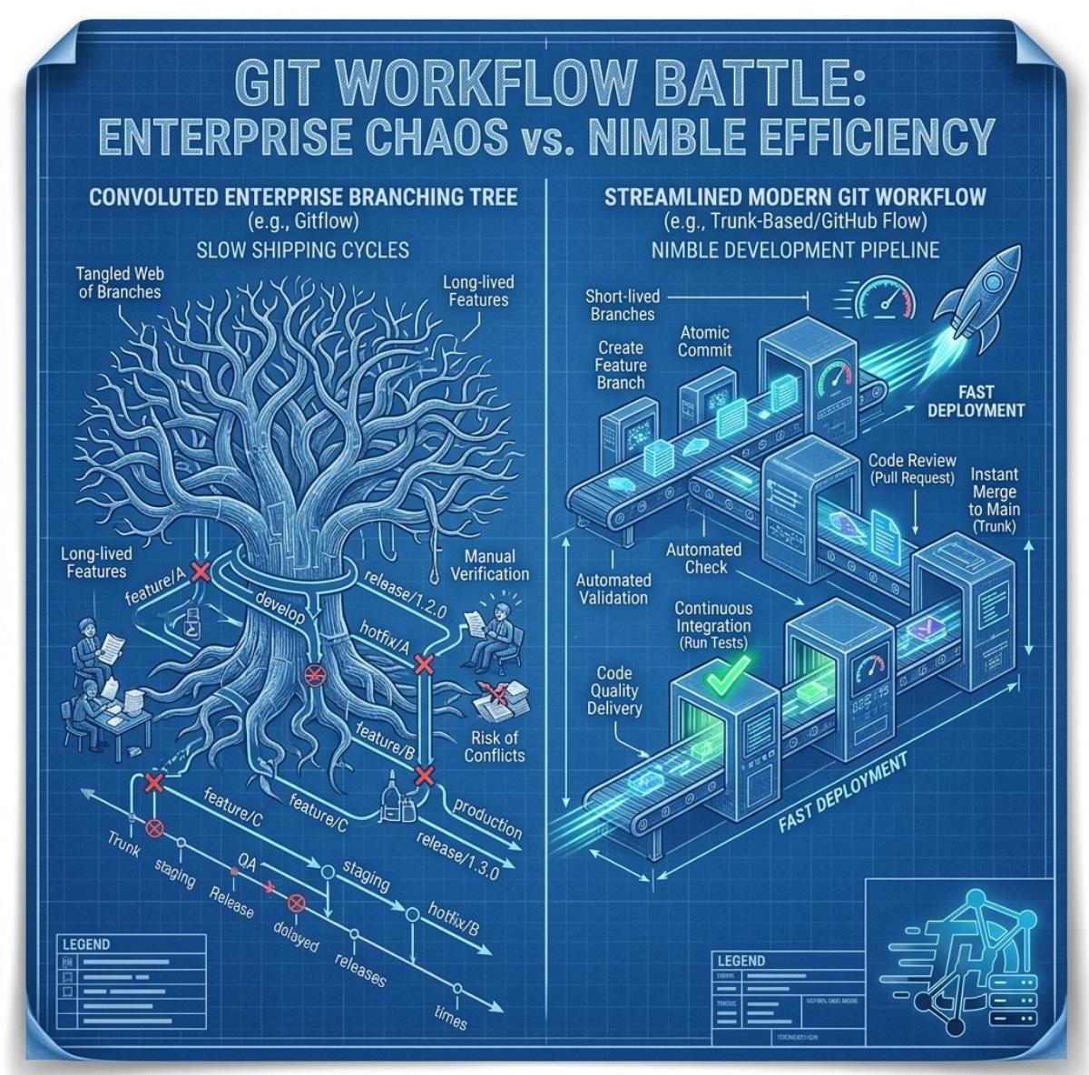 An isometric blueprint visualization comparing a convoluted enterprise branching tree with a streamlined, modern git workflow pipeline for nimble development teams.