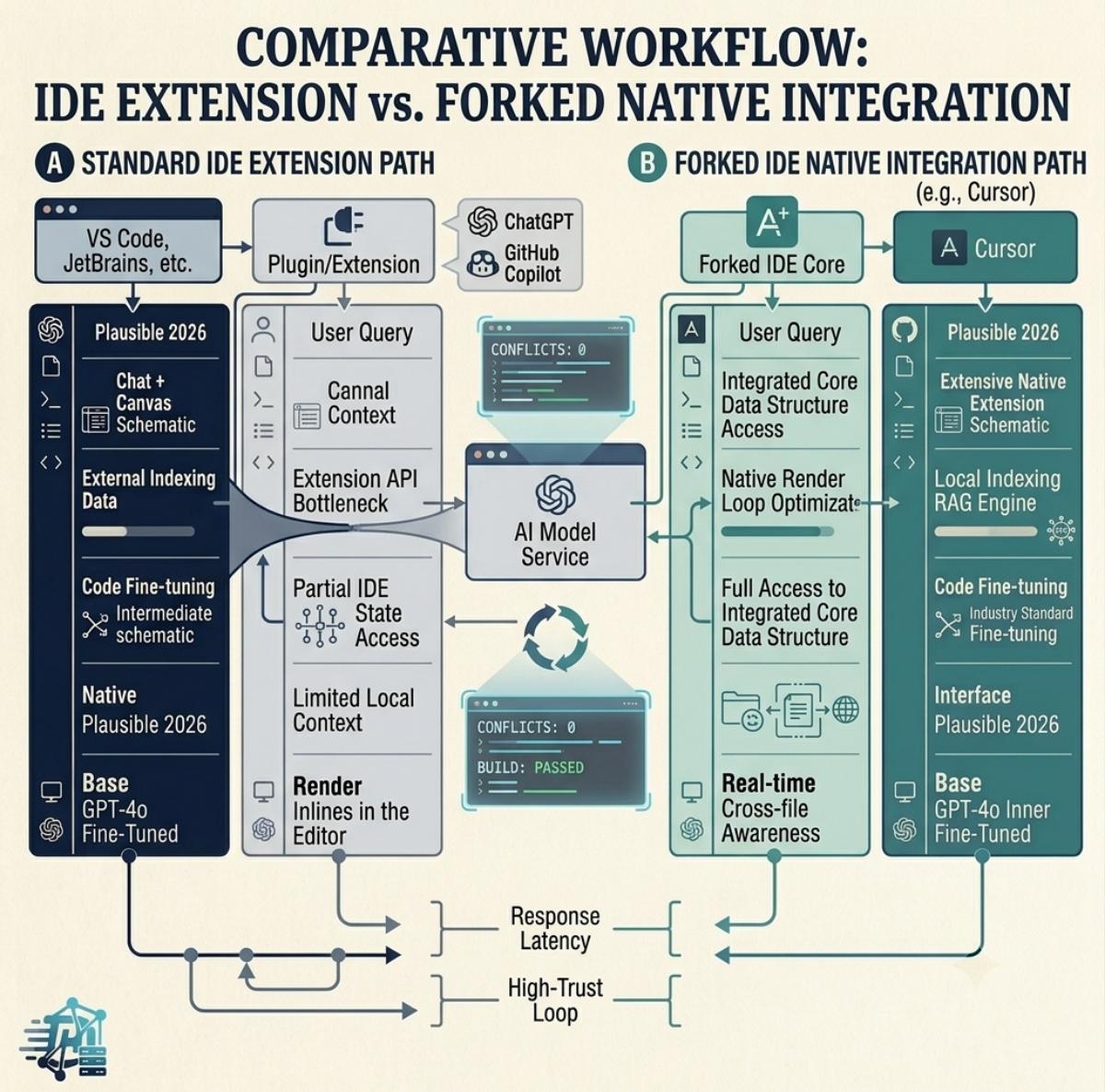 A clean, editorial architectural information graphic parsing and comparing the five core AI coding assistant engine profiles.