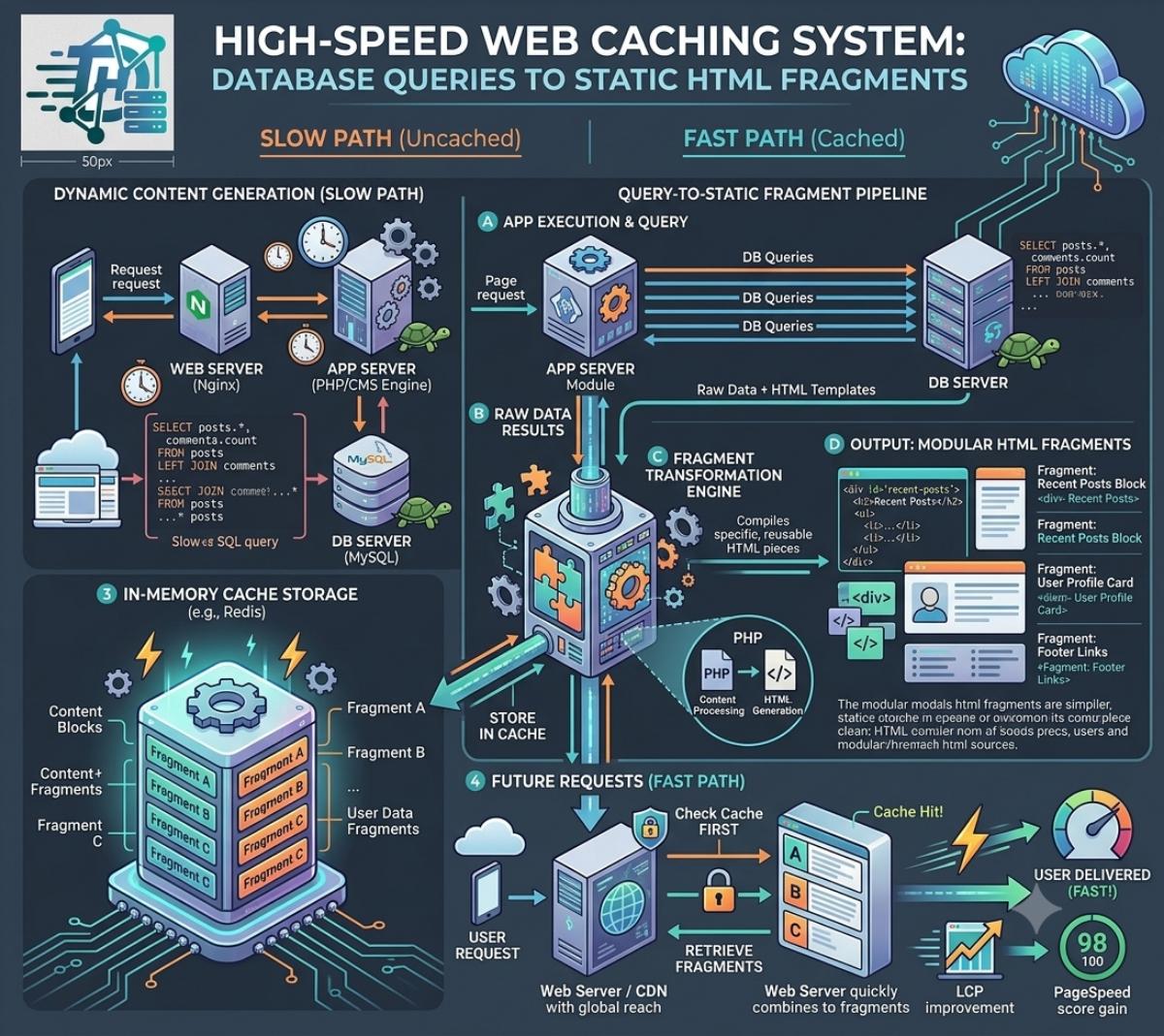 Detailed graphic mapping out a high-speed web caching system processing database queries into static html fragments