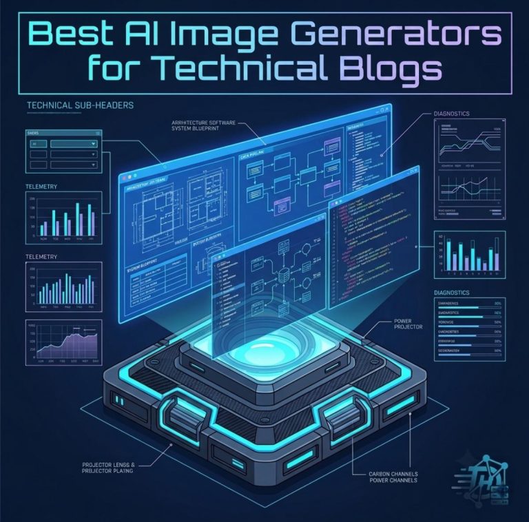 A premium isometric tech illustration showcasing a futuristic holographic projector rendering complex database architecture blueprints and code streams.