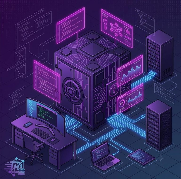 A premium isometric tech graphic showing a futuristic digital password vault core surrounded by glowing holographic security tokens and developer interfaces.