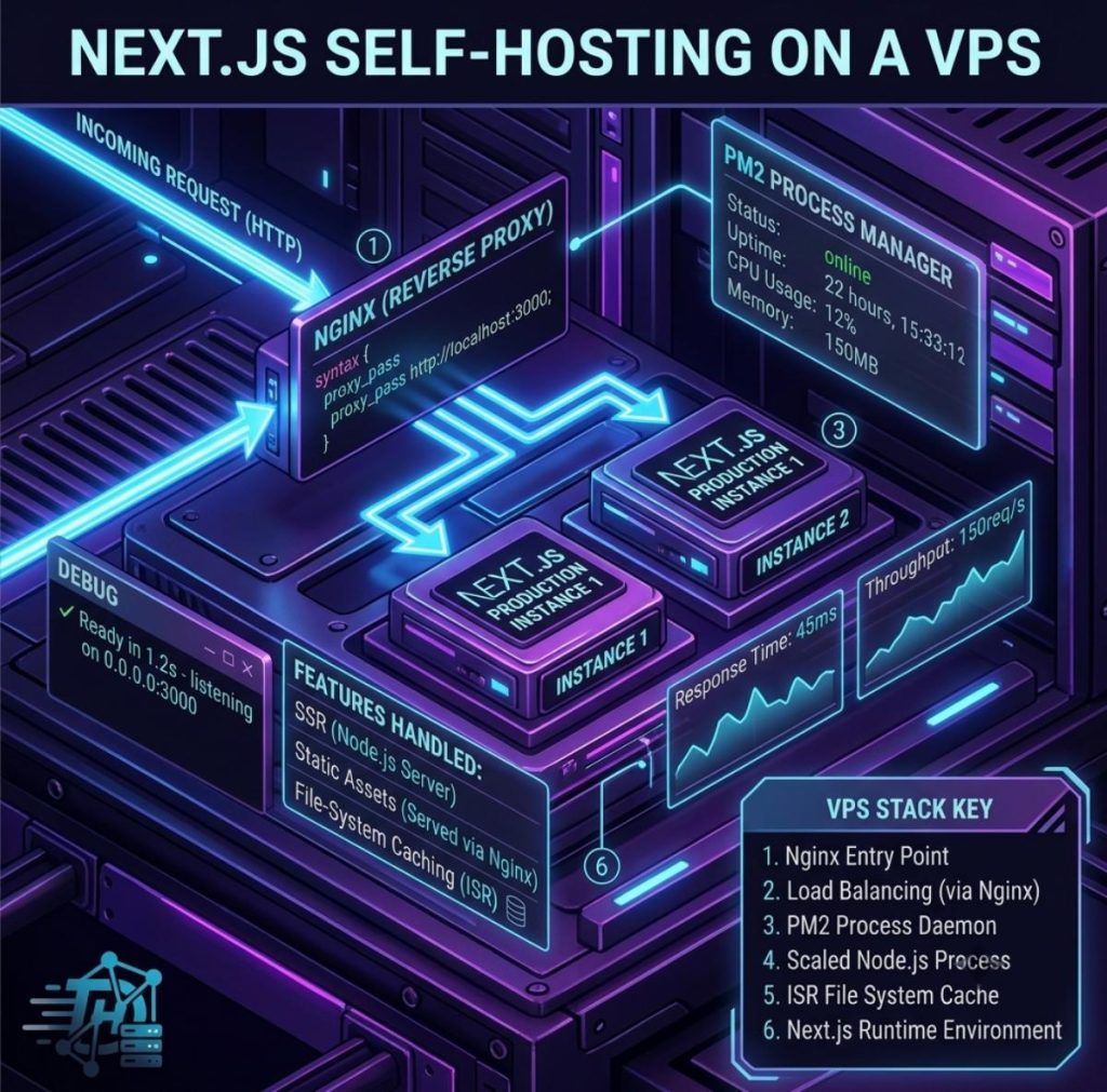 A detailed micro-view isometric diagram of a Next.js self-hosting stack on a VPS, illustrating traffic flow from Nginx to Node.js instances managed by PM2.