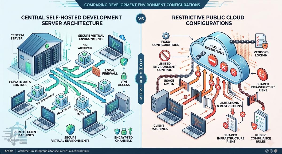 An editorial architectural infographic diagram comparing a central self-hosted development server distributing secure virtual environments to remote client machines versus restrictive public cloud configurations.