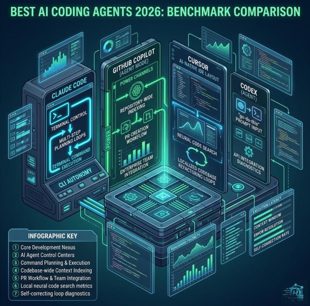 A premium isometric tech infographic comparing the technical workflows, terminal autonomy, and codebase indexing capabilities of Claude Code, Codex, GitHub Copilot, and Cursor AI coding agents in 2026