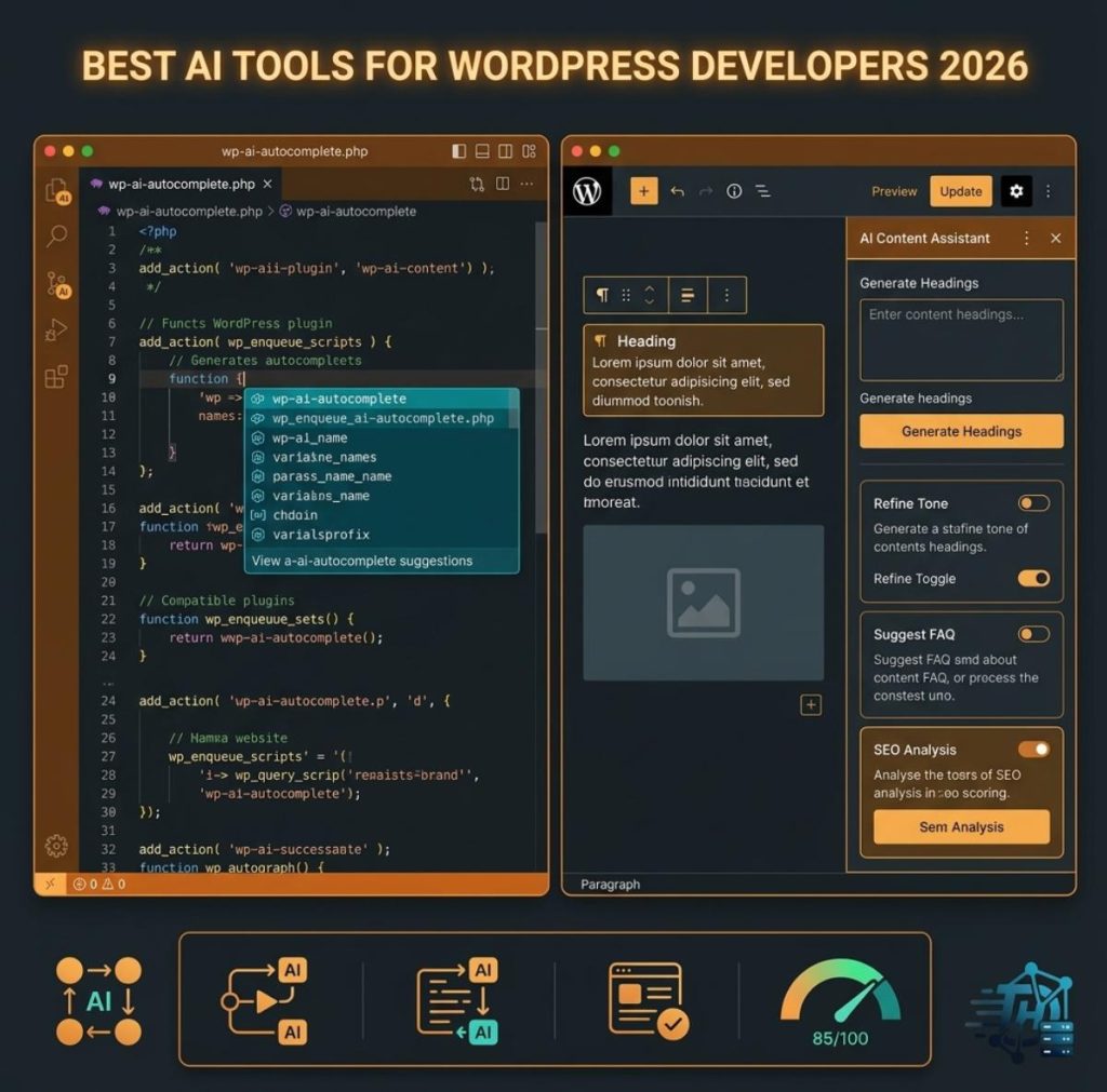 Split-screen dashboard mockup showing AI-powered WordPress development tools including a code editor panel, page builder panel, and SEO content panel.