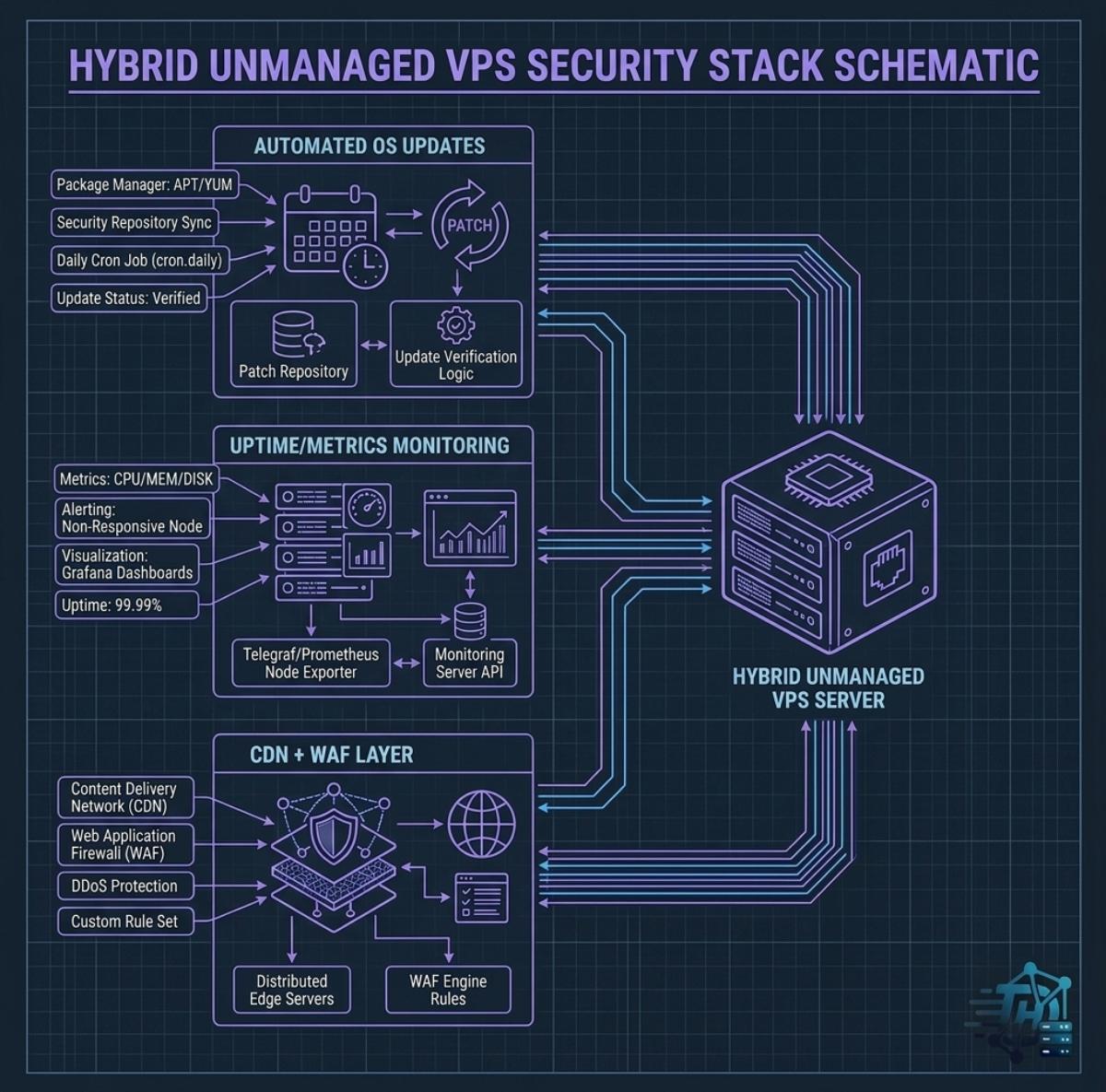 Technical blueprint diagram of a hybrid unmanaged VPS security stack showing automated OS updates, uptime monitoring, and a CDN/WAF layer.